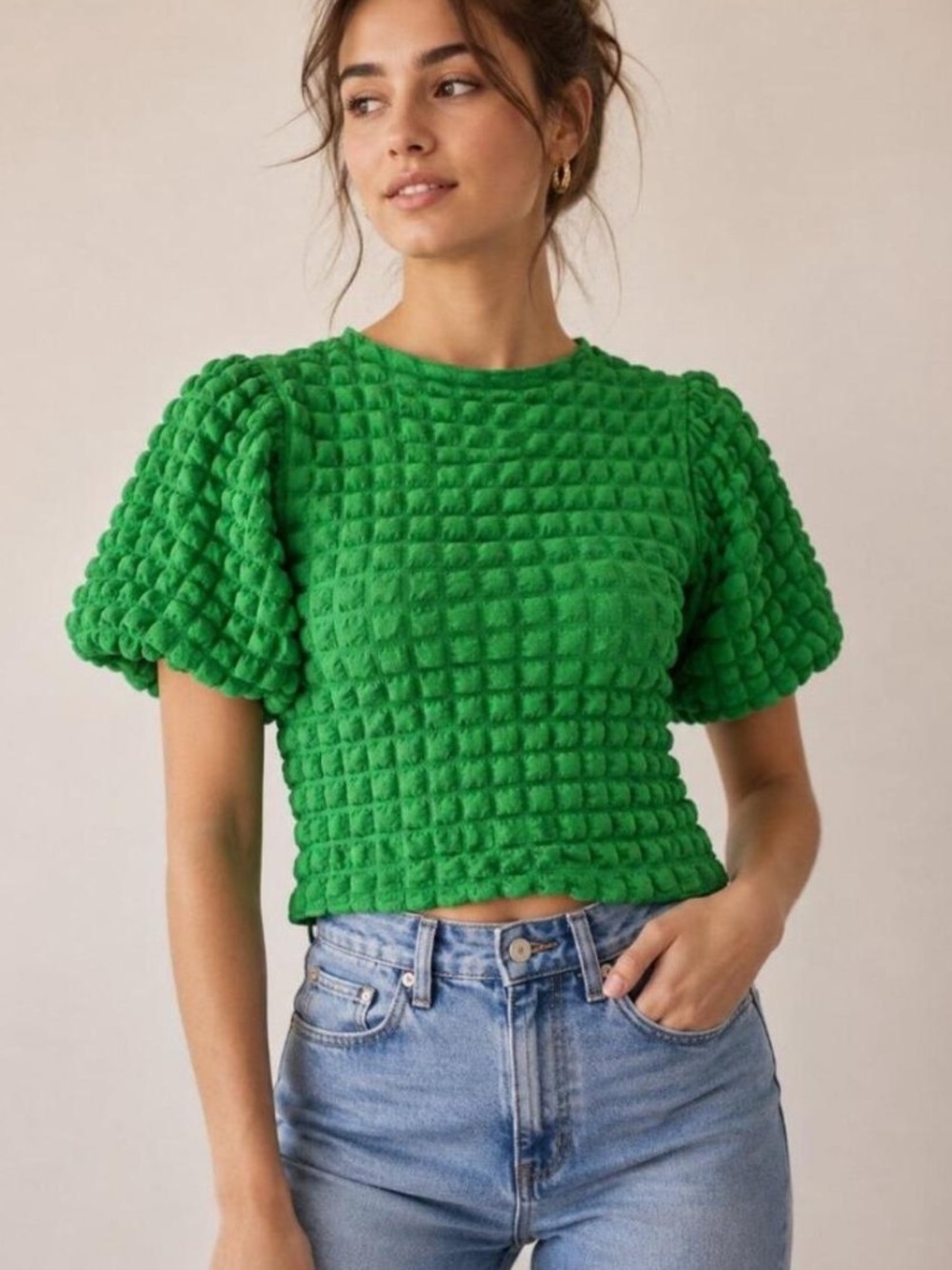 Eri + Ali Anthropologie Green Bubble Puff Sleeve Stretch Top Size Small